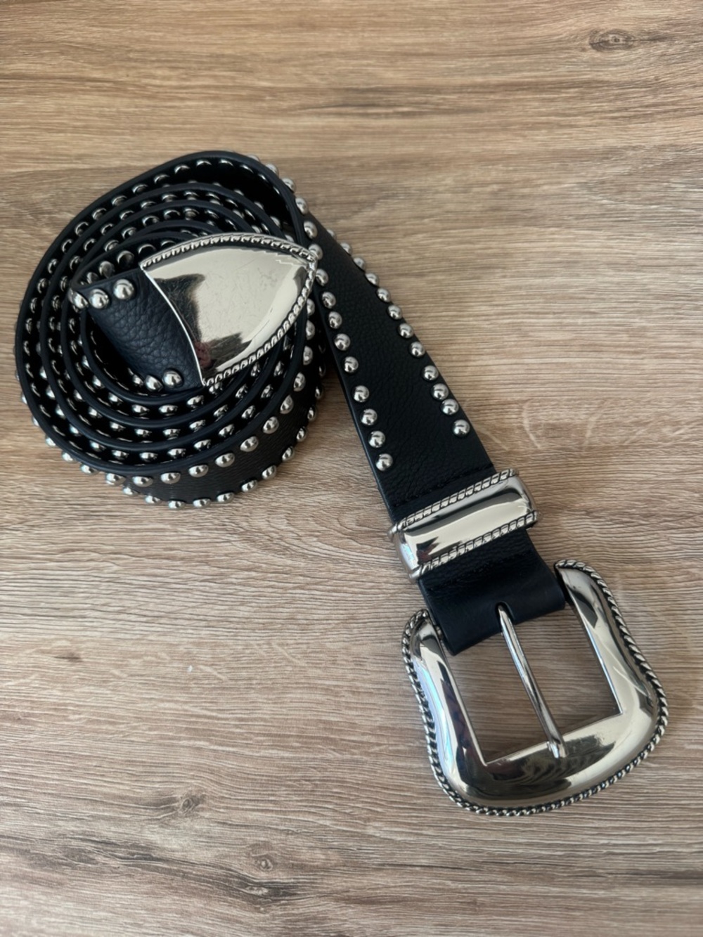 B-Low the Belt Black Studded Western-Style Leather Belt with Silver Buckle